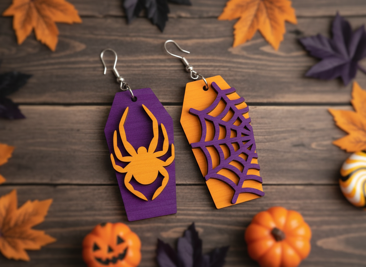 Halloween Coffin Earrings Laser Cut Design, Spider and Web Design, Witch Earrings, Wooden Spooky Jewelry SVG, Engraved Scary Halloween Jewelry