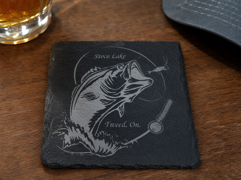 Stoco Lake Tweed Ontario Bass Fishing Slate Coaster retirement gift for men idea