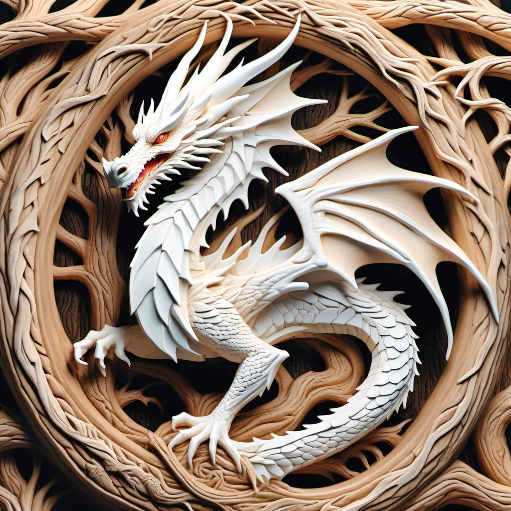 White Dragon Carved into Intricate Wooden Frame