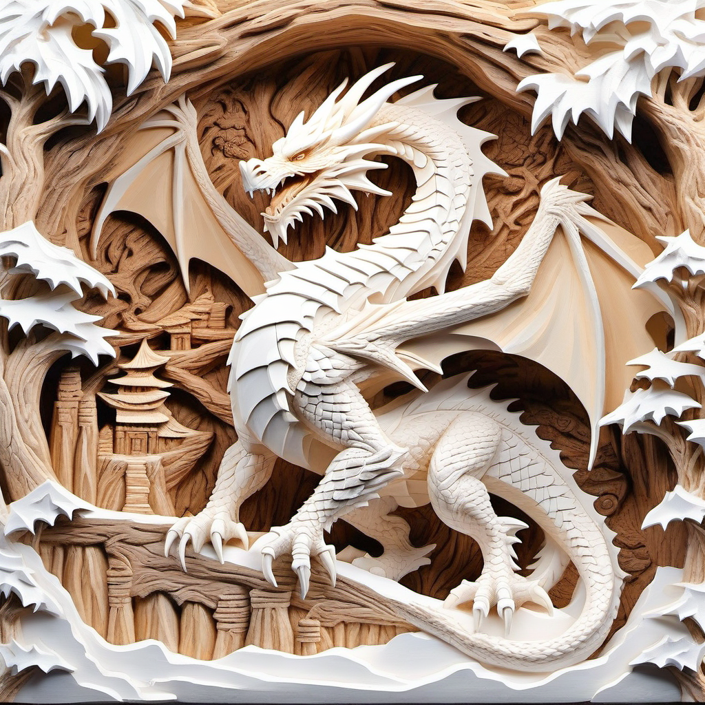 Intricately Carved Dragon on a Wooden Background