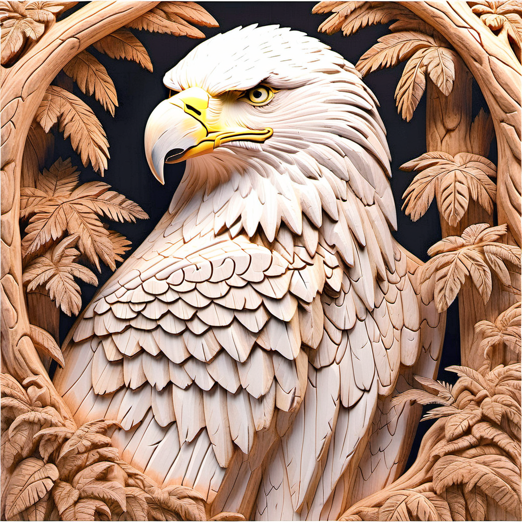 Intricate Wood Carving of a Majestic Eagle Surrounded by Leaves