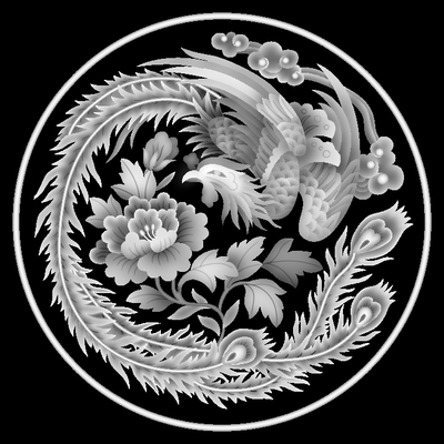 Intricate Gray-Scale Phoenix and Floral Design