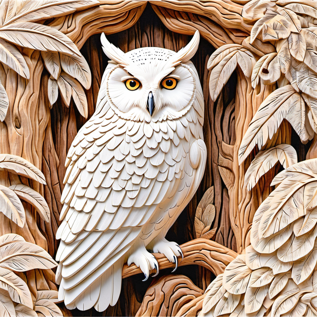Intricate Wood Carving of a White Owl Surrounded by Leaves