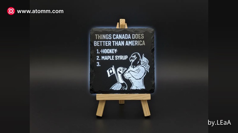 Slate coaster with US over Canada hockey design