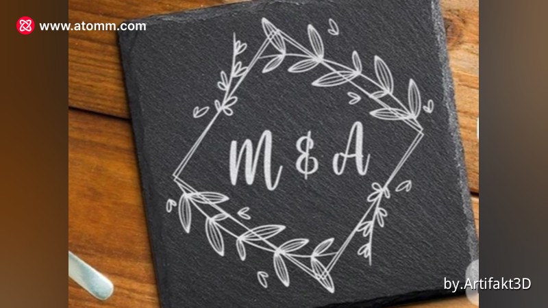 Wedding Monogram Wreath Laser Engraving | Slate Coaster Design | Wedding Initials Frame SVG - monogram coaster design