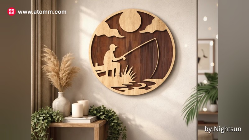 Circular Fisherman Wall Art Featuring a Silhouette Scene - Ready to Use ...