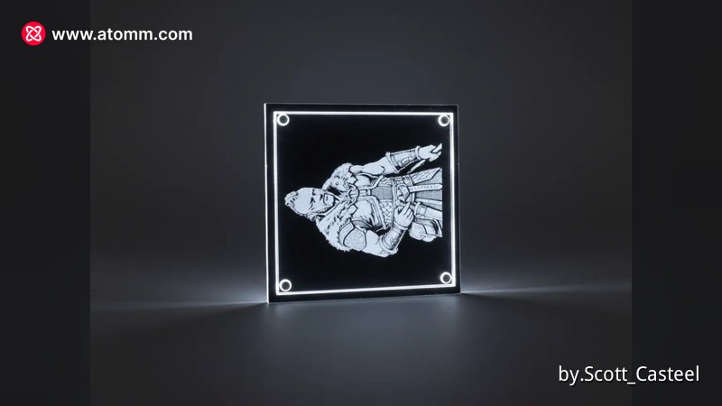 Square glass coaster engraved with a Viking warrior illustration, designed to be illuminated from below
