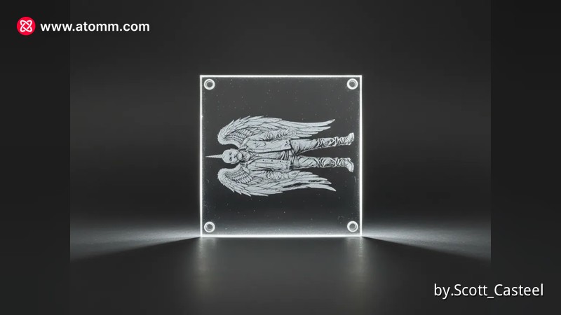 Glass coaster engraved with an illustration of a winged figure blowing a horn