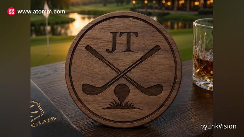 Round Wooden Golf Coaster with Monogram and Crossed Clubs - monogram coaster design