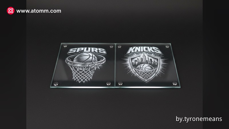 Glass coasters engraved with San Antonio Spurs and New York Knicks basketball team logos