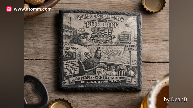 Baseball slate coaster with 250th anniversary July 4th and Bigfoot design