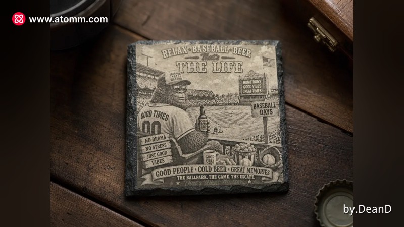 Slate drink coaster with a Sasquatch baseball theme