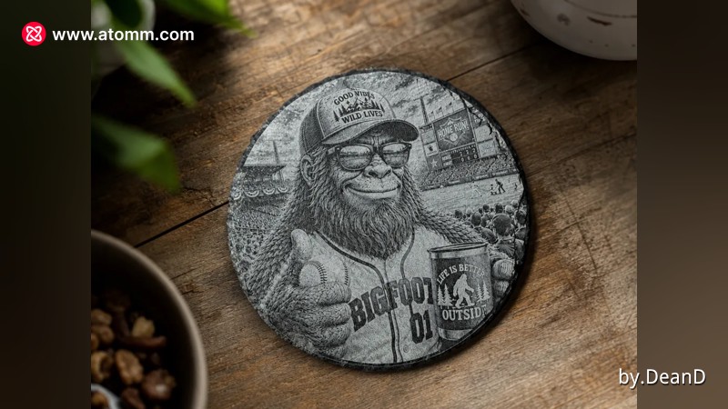 Round slate coaster featuring Bigfoot as a baseball fan