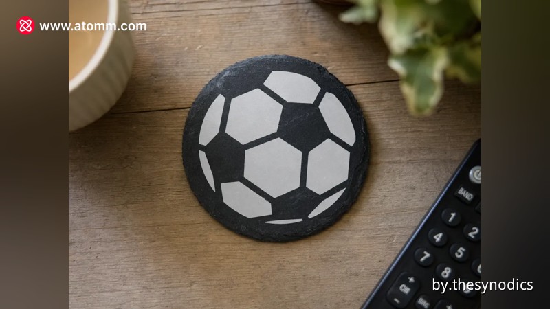 Round slate coaster featuring a soccer ball graphic