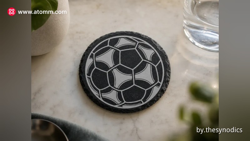 Round slate coaster with soccer ball engraving