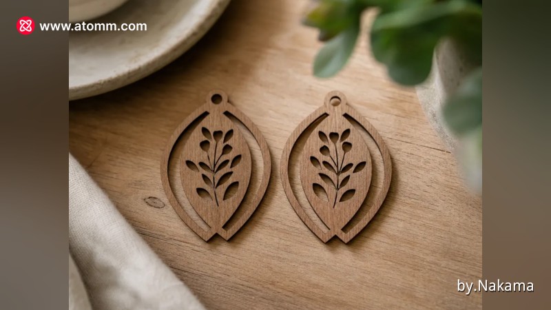 Leaf Motif Wooden Teardrop Earrings 1