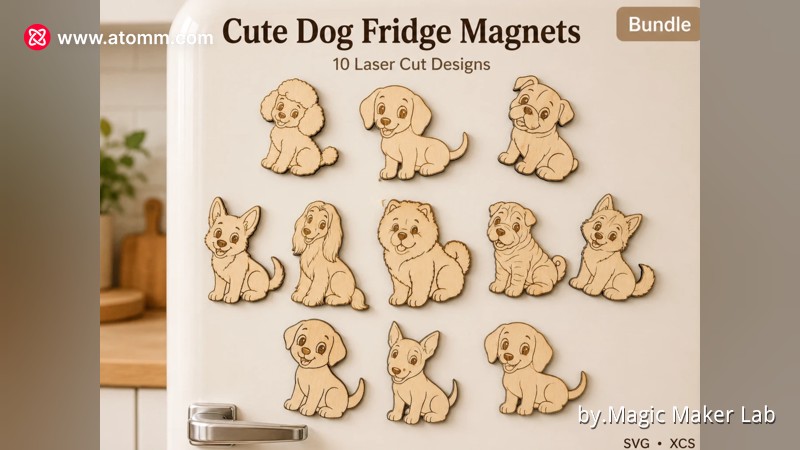 10 Puppy Fridge Magnets Bundle – Adorable Wooden Dog Magnet Collection, Laser Cut SVG & XCS Files for DIY Home Decor and Pet Lovers 5