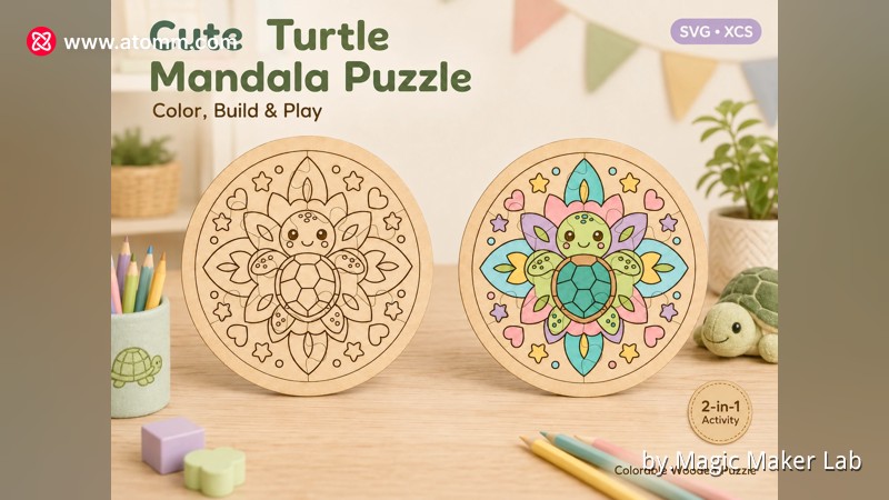 2-in-1 Turtle Mandala Puzzle & Coloring Page SVG | Round Wooden Kids Puzzle | Laser Cut Educational Toy | Glowforge xTool XCS File 1