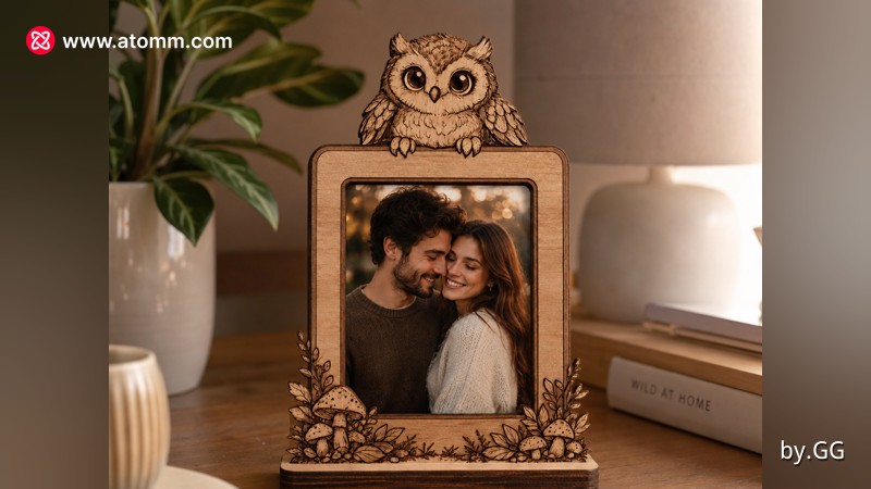 Cadre photo en bois avec motif de hibou décoratif 1
