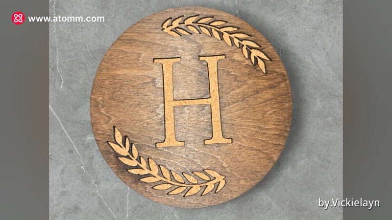 Wooden coaster with monogram and laurel - monogram coaster design