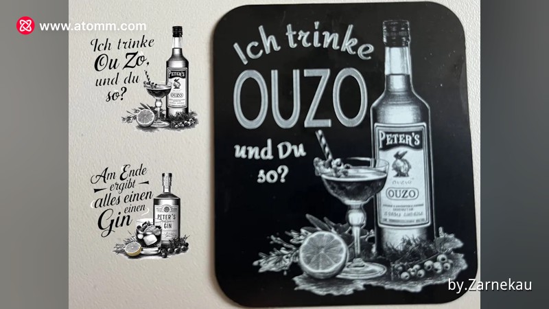 Glass coaster template featuring a novelty Ouzo and Gin drinking sign, made for F1 IR