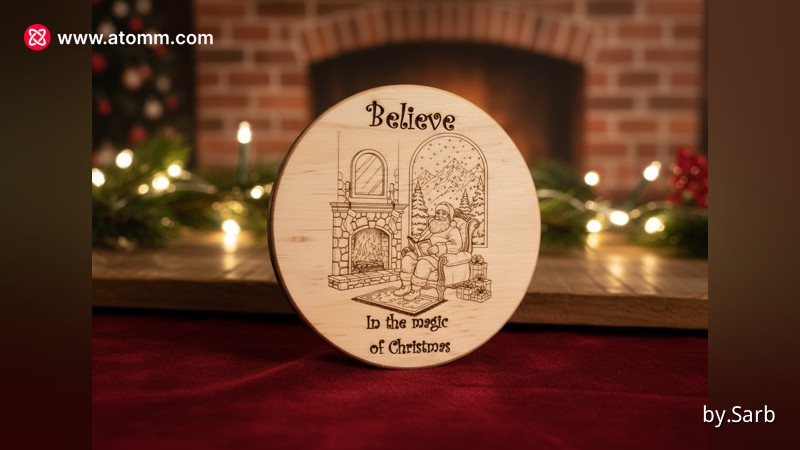 Holz-Untersetzer graviert mit Santa am Kamin stehend