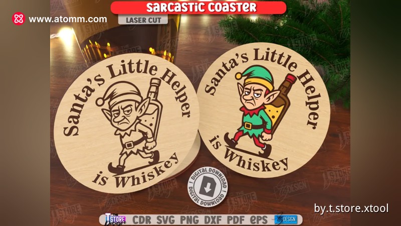 Holz-Untersetzer mit sarkastischem Elfen-Design und dem Schriftzug Santa's Little Helper Whiskey
