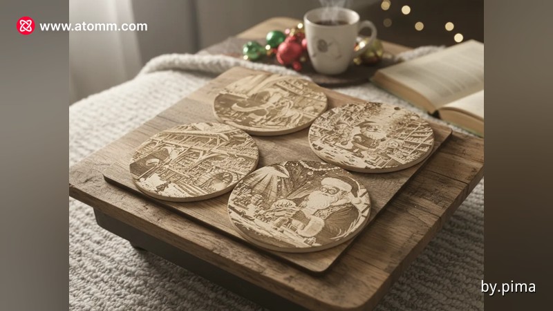 Holz-Untersetzer-Set graviert mit Santa-Claus-Designs