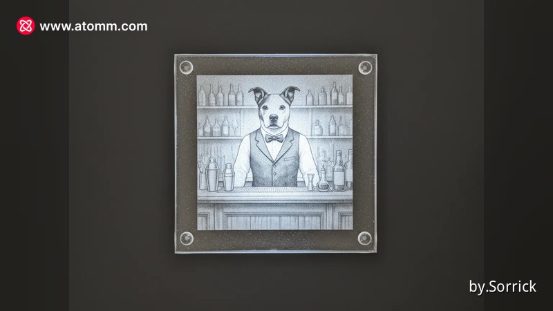 Glass coaster showing a Pitbull dressed as a bartender with a bar background, made for F2 Ultra UV