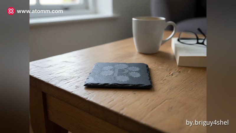 Laser Engraved Slate Coaster with Floral Design and Letter P - monogram coaster design