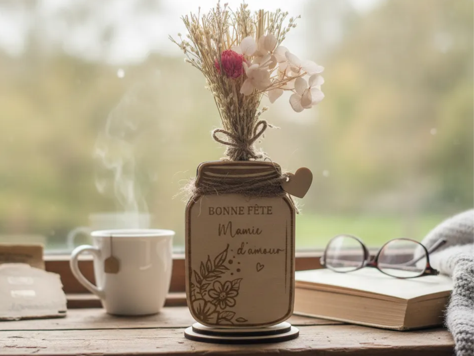 "Bonne Fête Mamie" Wooden Vase with Dried Flowers gift design