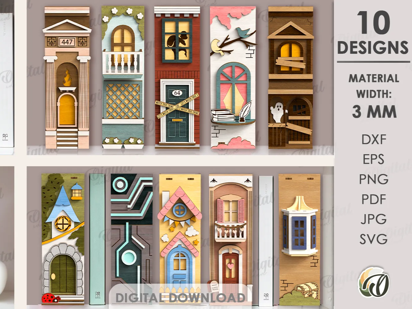 Fairy-tale and sci-fi book nook bundle of 3D layered shelf insert dioramas with windows and balconies
