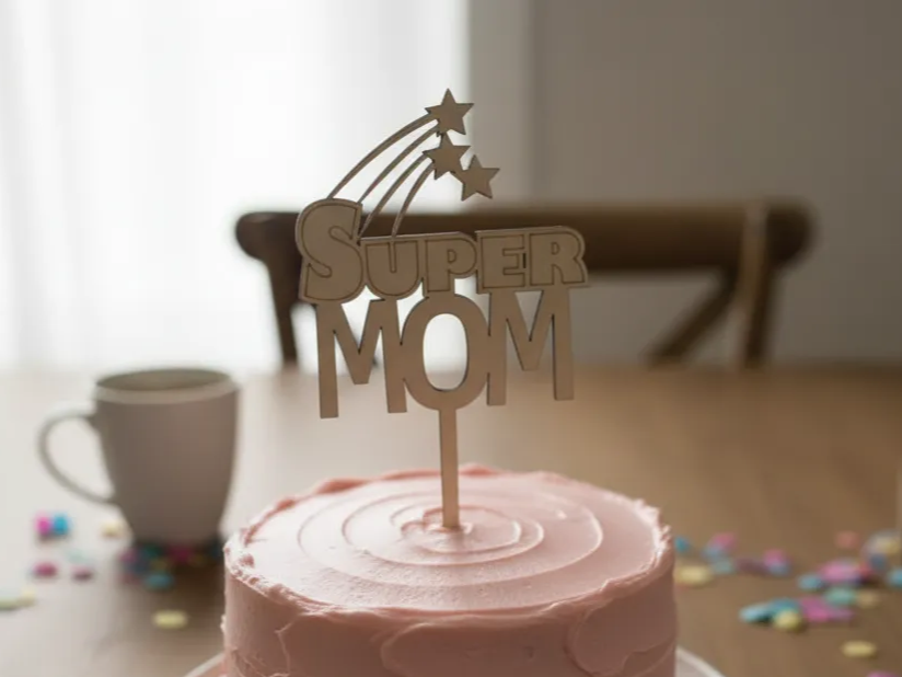 Cake topper Super Mom in legno tagliato al laser con stelle