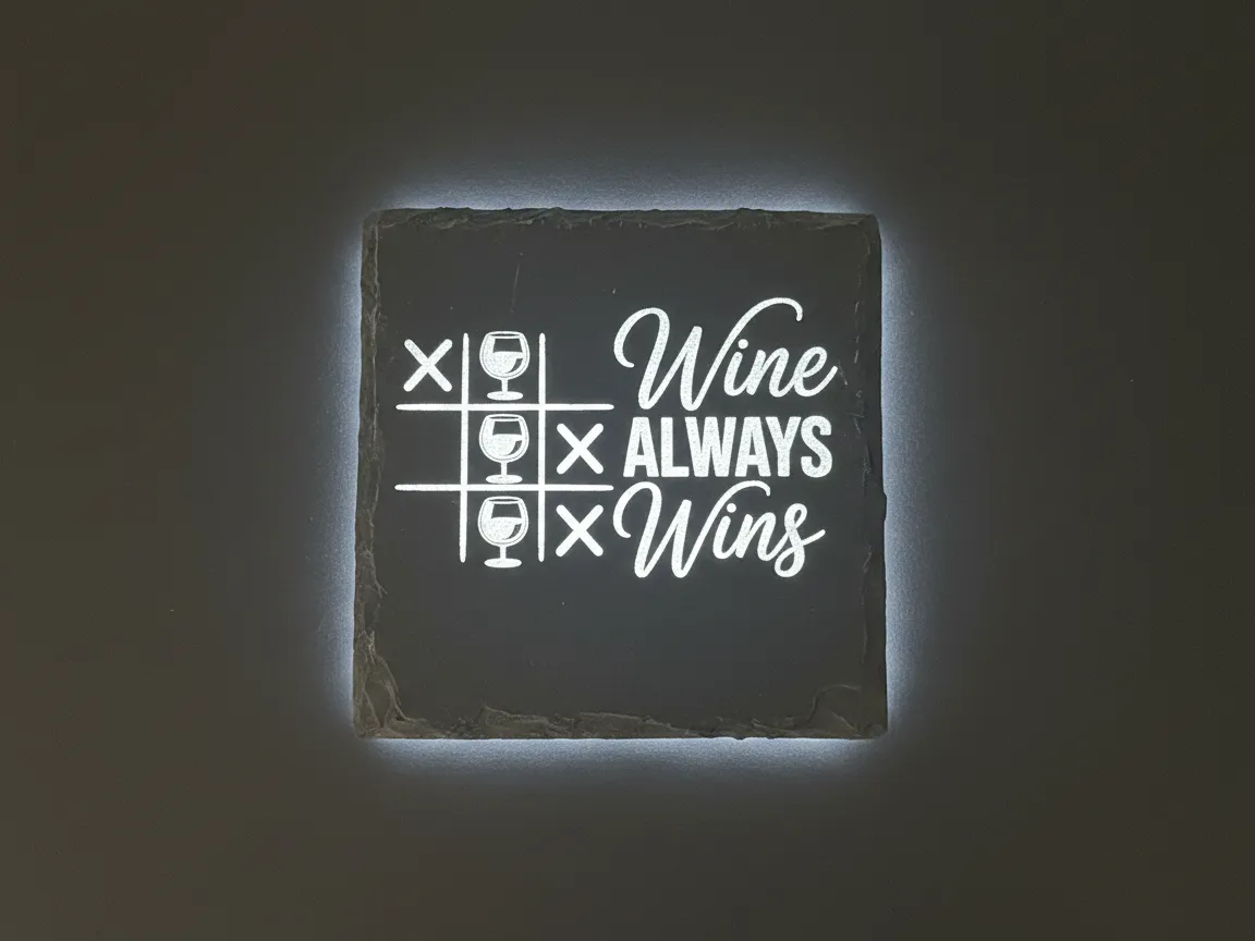 Dessous-de-verre rond en ardoise gravé d'une grille de morpion utilisant des verres à vin et des grappes de raisin comme pièces de jeu