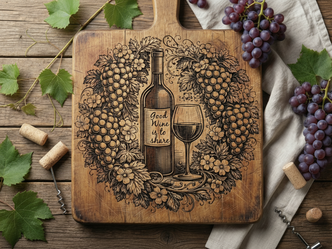 Wine Cutting Board with Grapes and Glass Design gift design