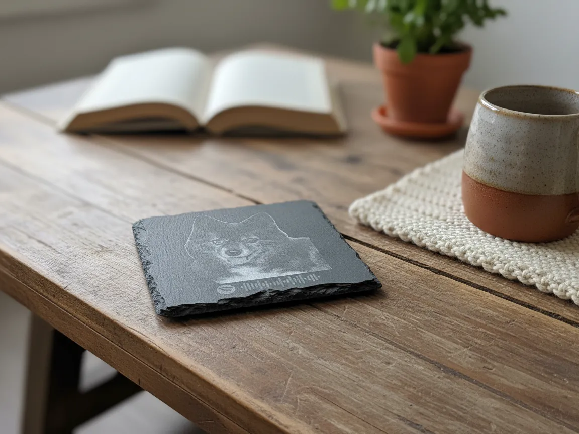 Sottobicchiere in ardesia con immagine di cane e codice Spotify sublimation coasters idea