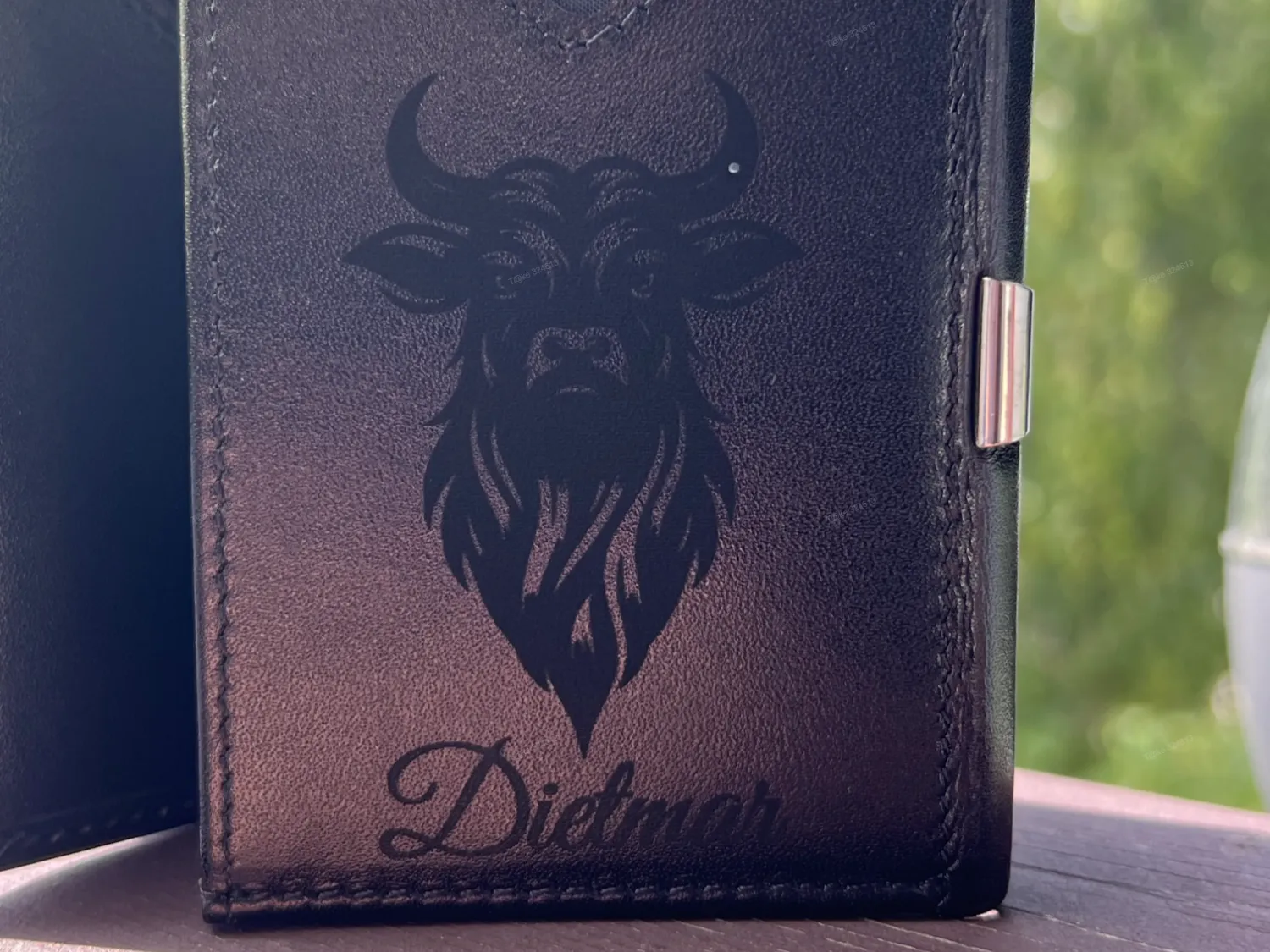 Fathers Day Leather Wallet with Bull Head and Fathers Name personalized gift for him idea