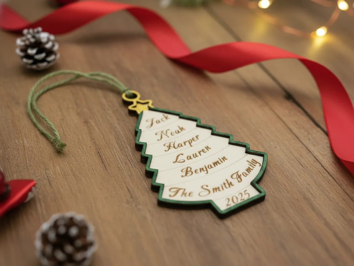 Personalized Laser Cut Wooden Christmas Tree Ornament 2025, Holiday Keepsake – personalizirana zasnova božičnega okraska
