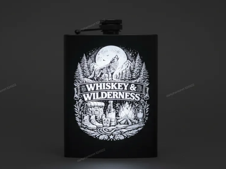 Black Metal Flask with Whiskey and Wilderness Wolf Illustration groomsmen gift idea