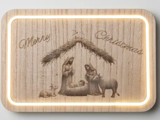 Laser engraved wooden Merry Christmas nativity scene light box