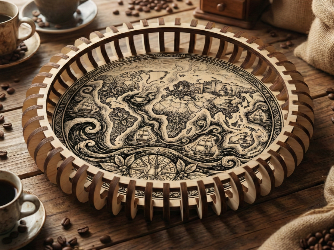 Wooden serving tray engraved with world coffee map