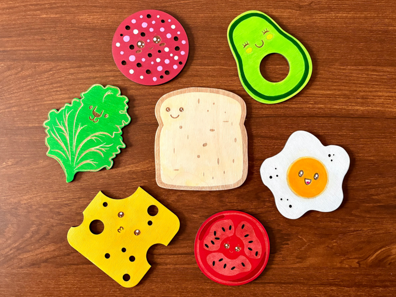 Cute wooden sandwich coaster with a smiling food character face
