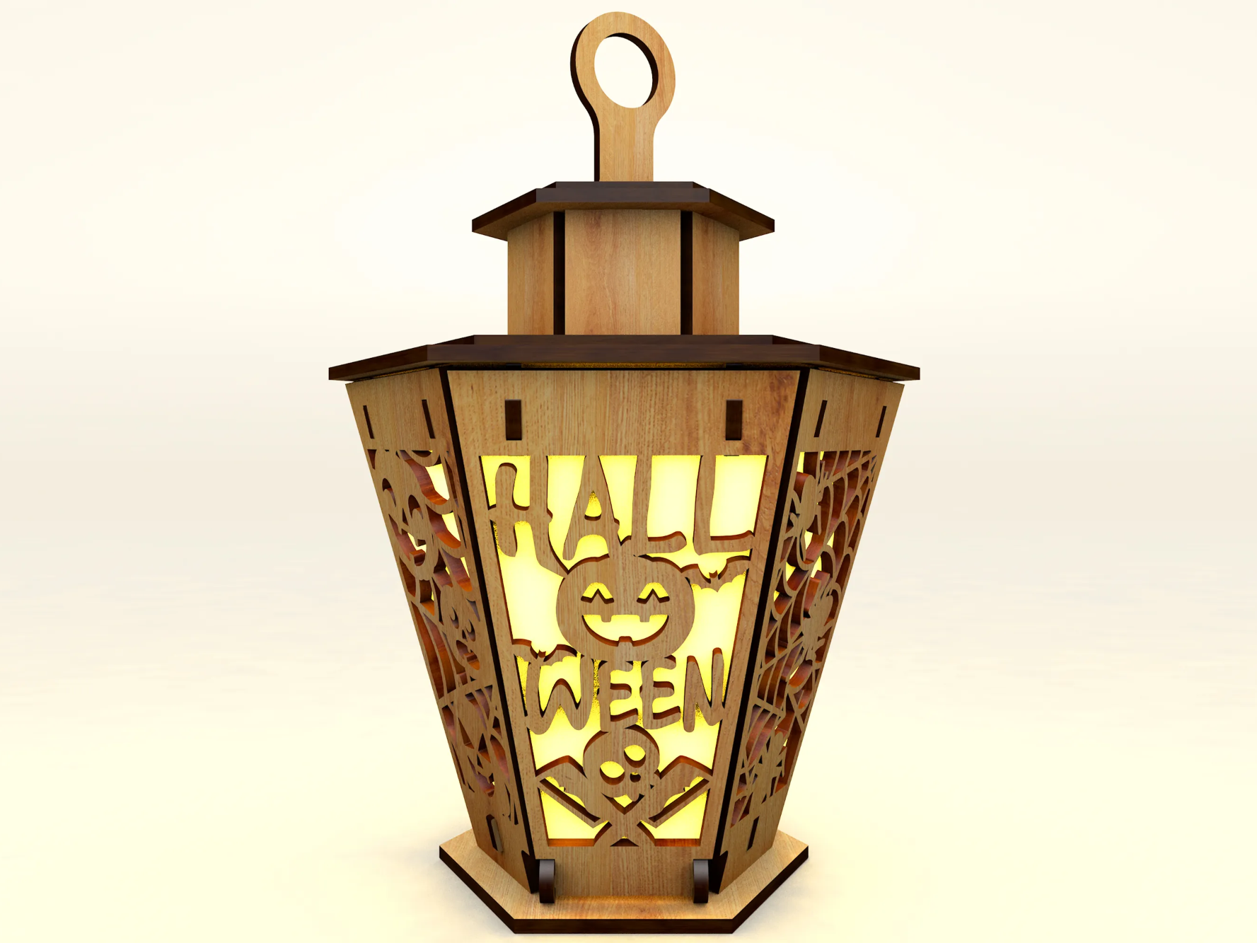 Wooden lantern with Halloween lettering and pumpkin cutout glowing with hanging ring Halloween light idea
