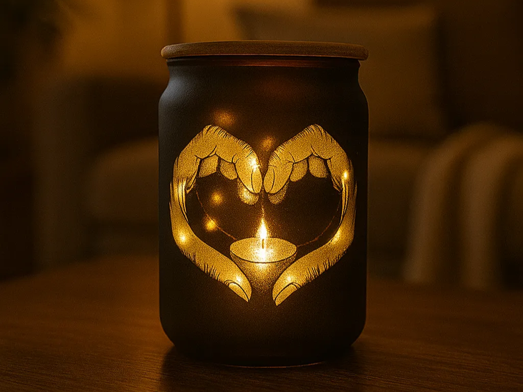 Laser Engraved Heart Hands Jar Candle Holder with Warm Light valentines day gift for her design