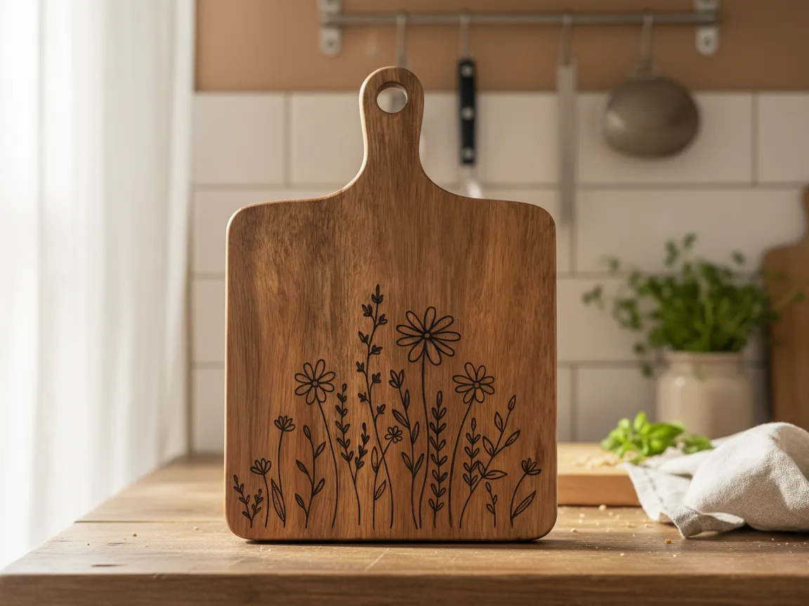 Laser Engraved Wooden Cutting Board with Floral Design cutting board design