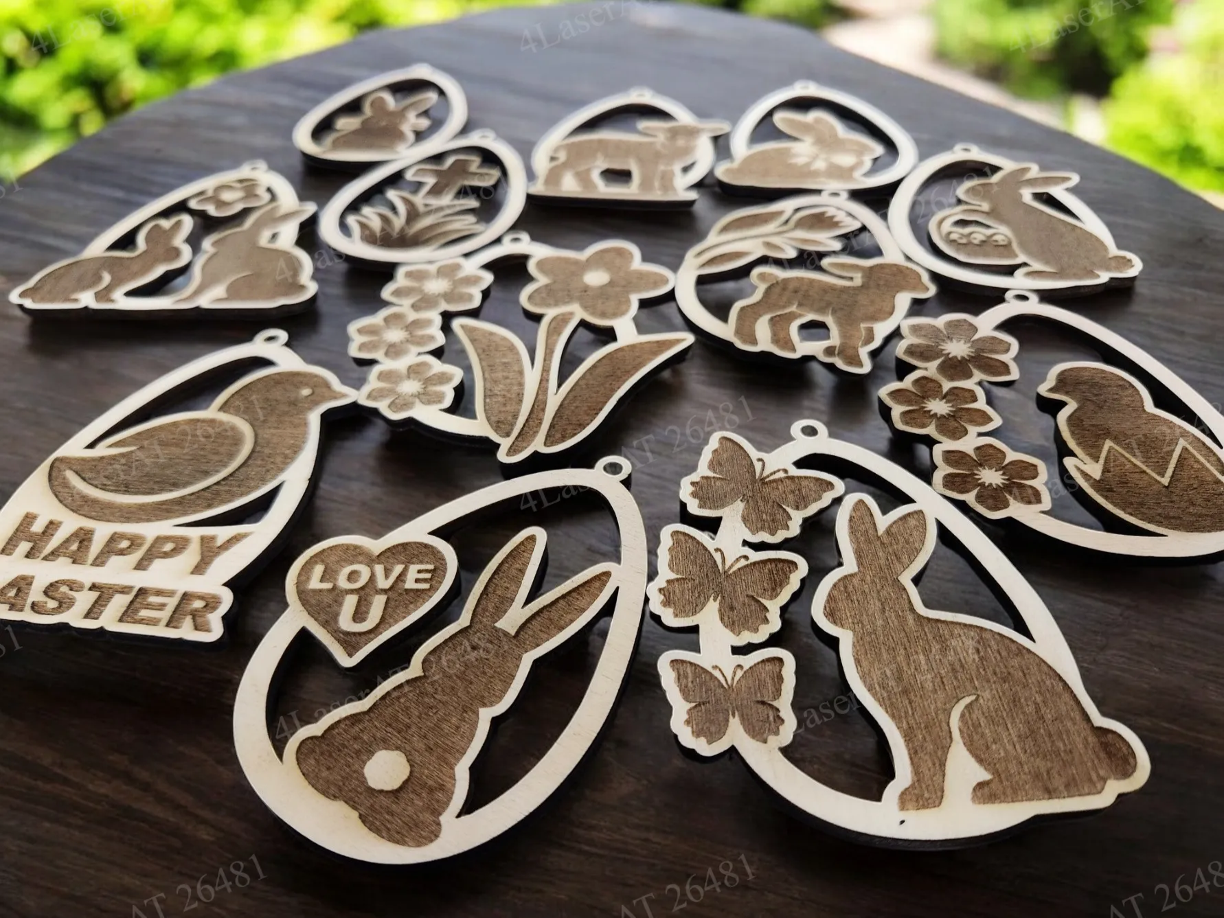 Set of laser cut Easter ornaments made from DIY SVG files