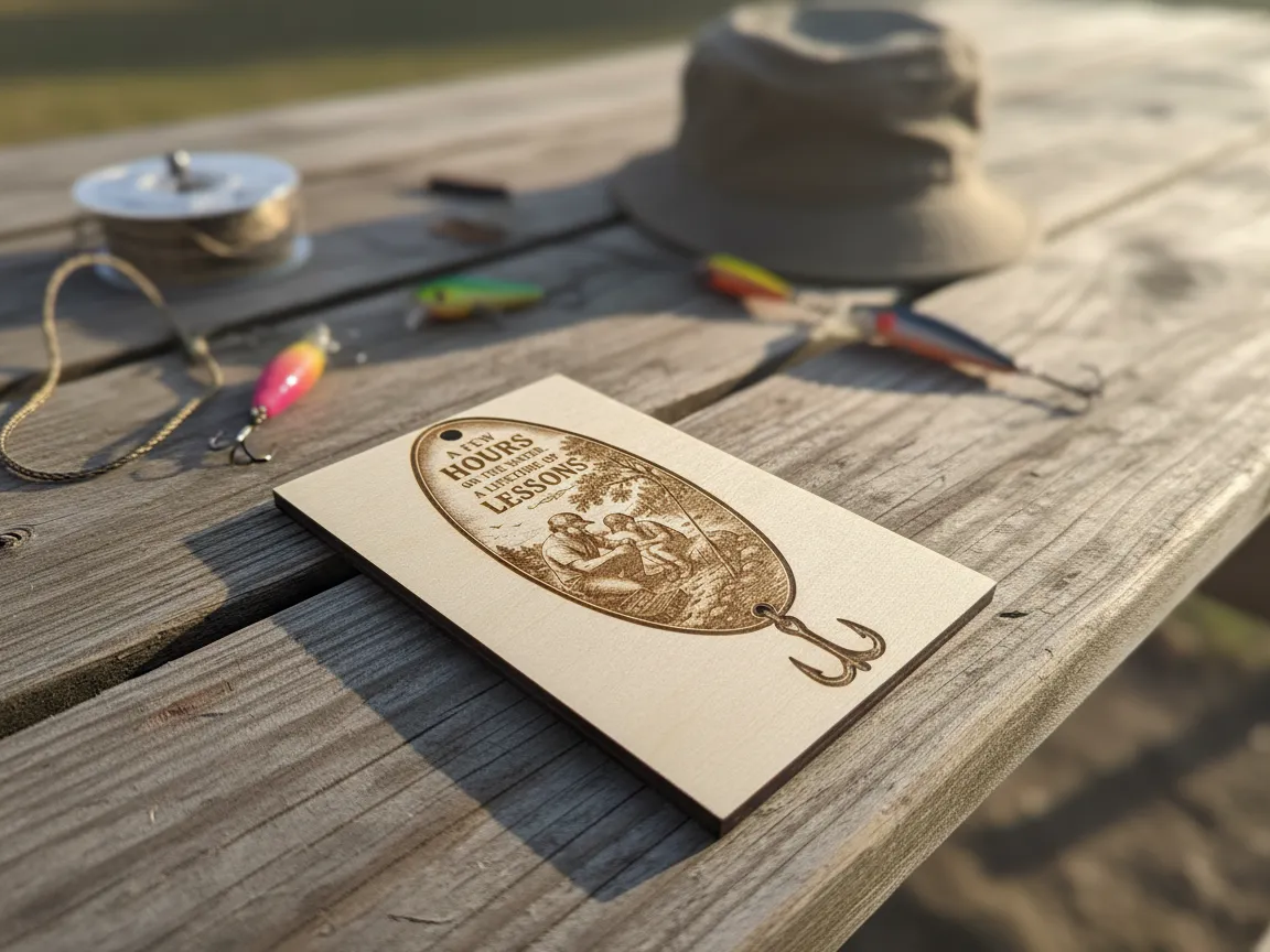 Fishing Themed Wooden Ornament with Father and Child Illustration personalized ornament design on Atomm