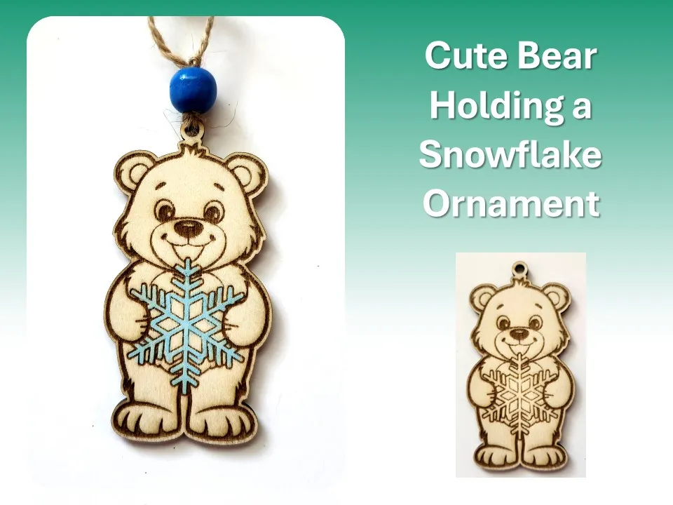 Cute wooden bear ornament cradling a delicate snowflake
