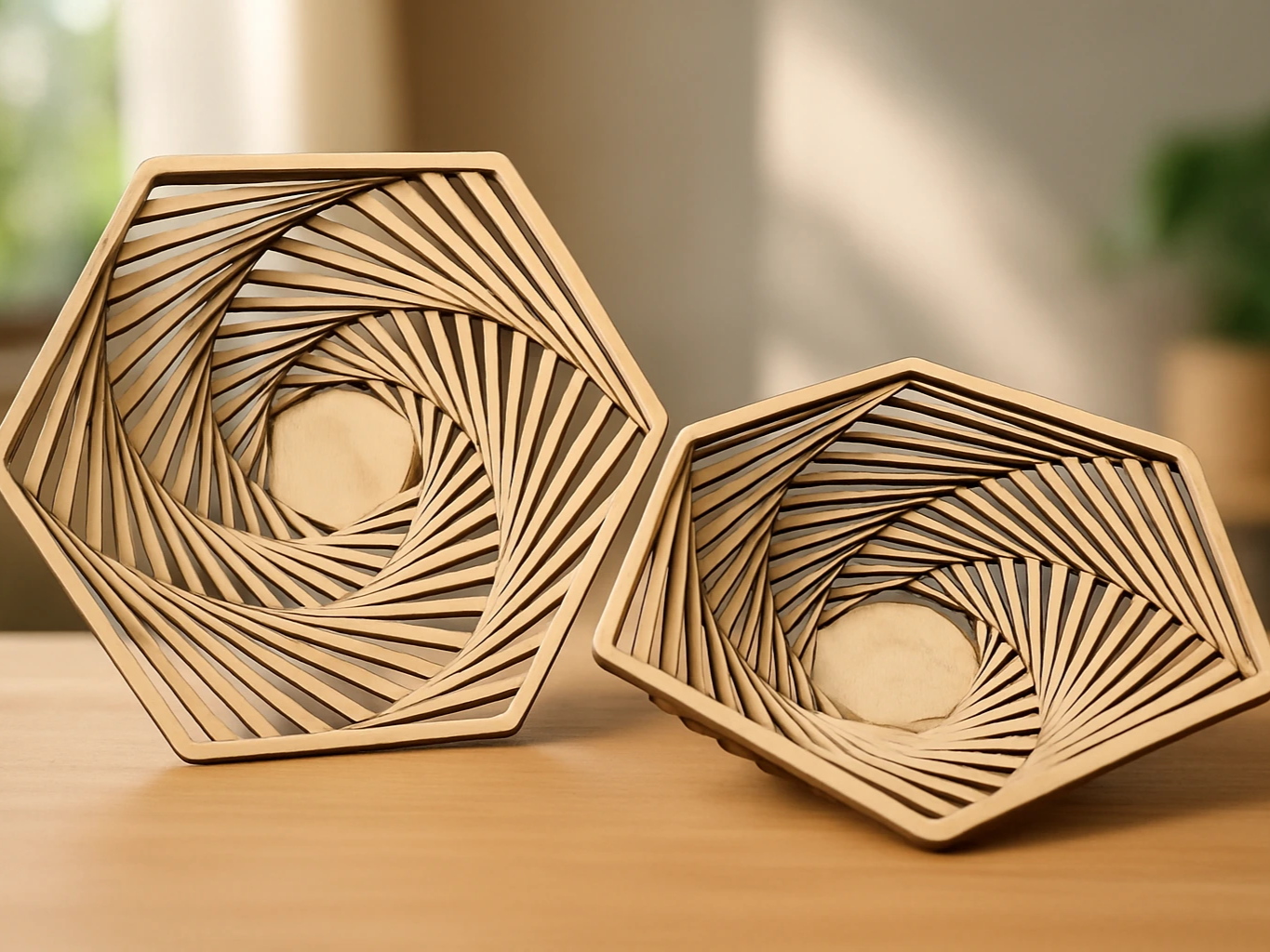 Wooden Spiraled Weave Bowl laser cut design on a table