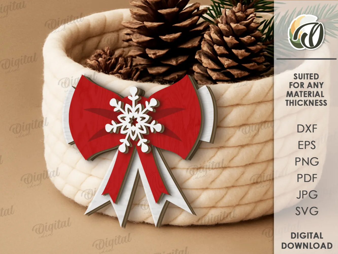 Decoración de lazo navideño de madera tridimensional rústica con acentos de copos de nieve